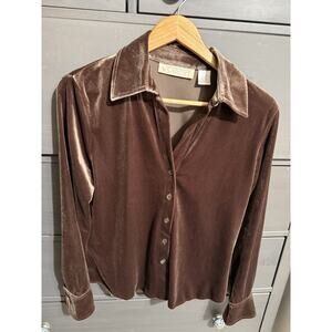 Vintage VS Sport Size M Brown Velvet/Velour Button Up Long Sleeve Top EUC